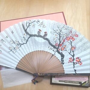 Gift Set: Hand-painted paper and bamboo fan with Bird Design and alphabet Pen